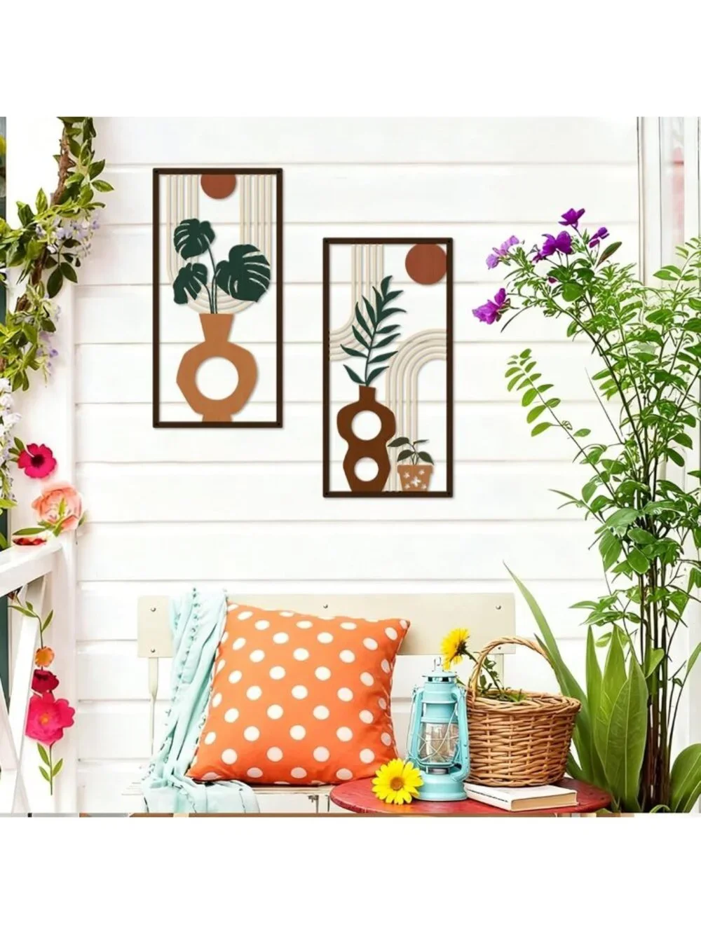 3 Pcs Boho Metal Wall Art Set - Mid Century Modern Plant Vase Decor, Tropical